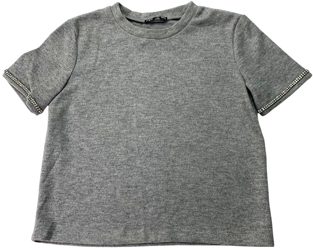 Zara Womens Medium Rhinestone Sparkle Gray Soft Short Sleeve Crew Neck Sweater